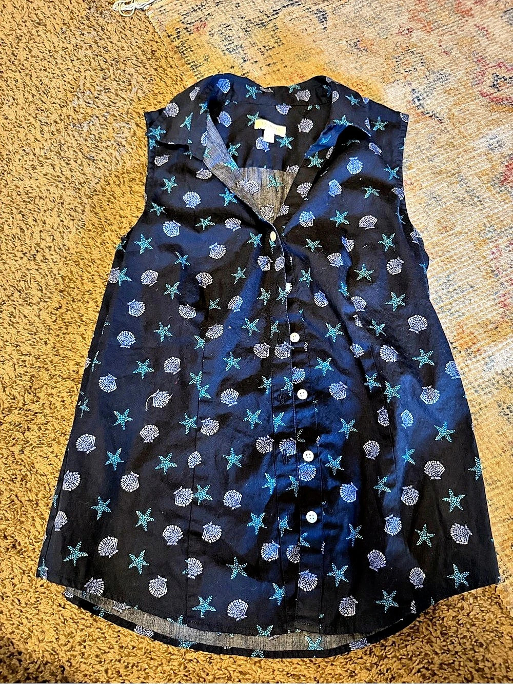 Talbots Seashell Starfish Sleeveless Button-Down Shirt Top Navy